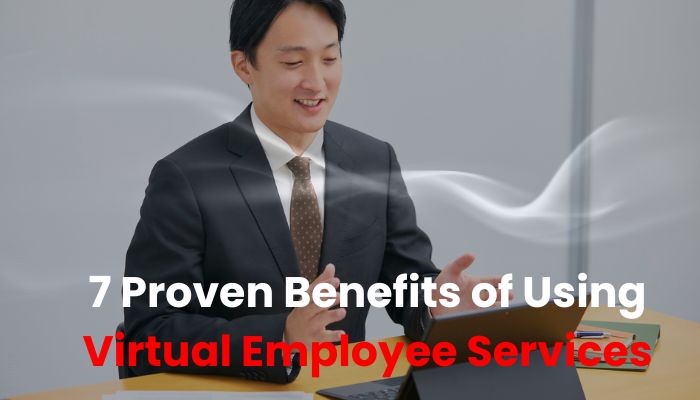 Business professional on a video call using a tablet, representing virtual employee services.