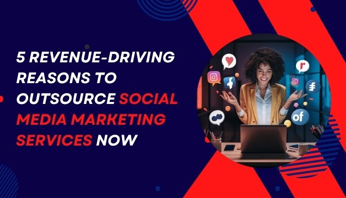 Excited marketer surrounded by social media icons working on a laptop, representing benefits of outsourcing social media marketing services