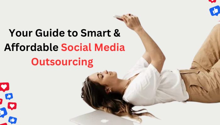 Woman lying down using a smartphone with a laptop beside her, representing smart and affordable social media outsourcing.