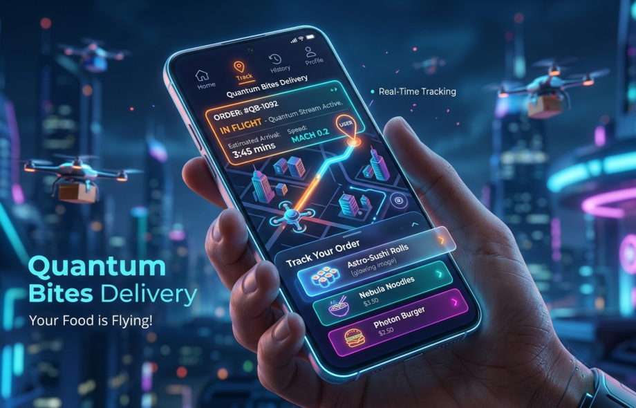 Food delivery app interface with real-time tracking and modern UI